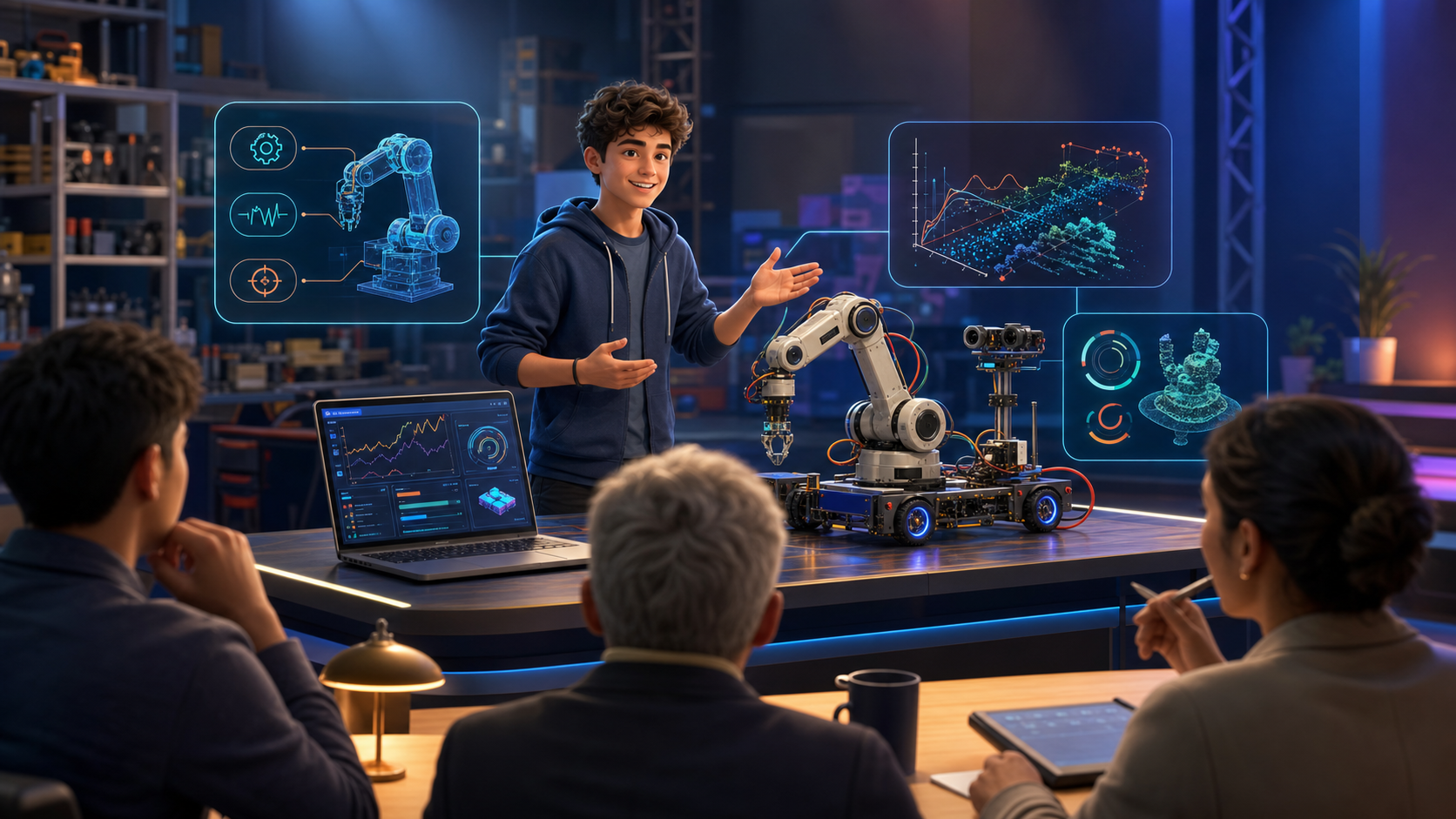 Student presenting a robotics prototype to a Demo Day panel