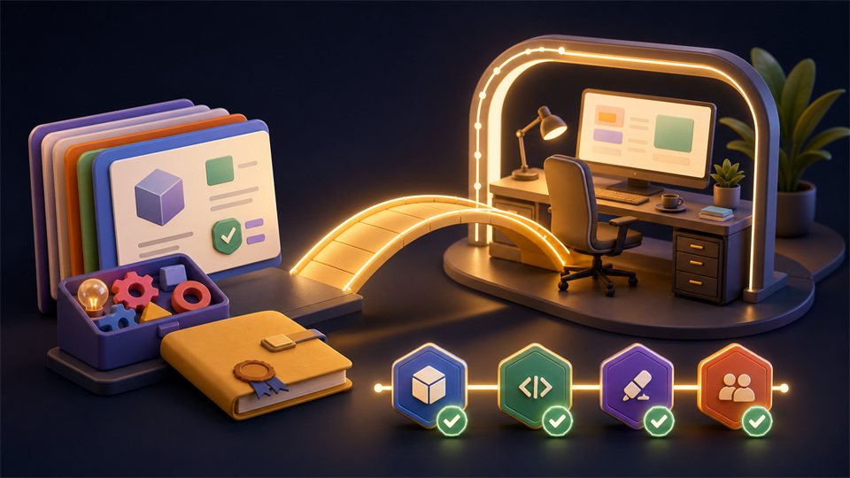 Project evidence cards crossing a glowing bridge into a company workspace