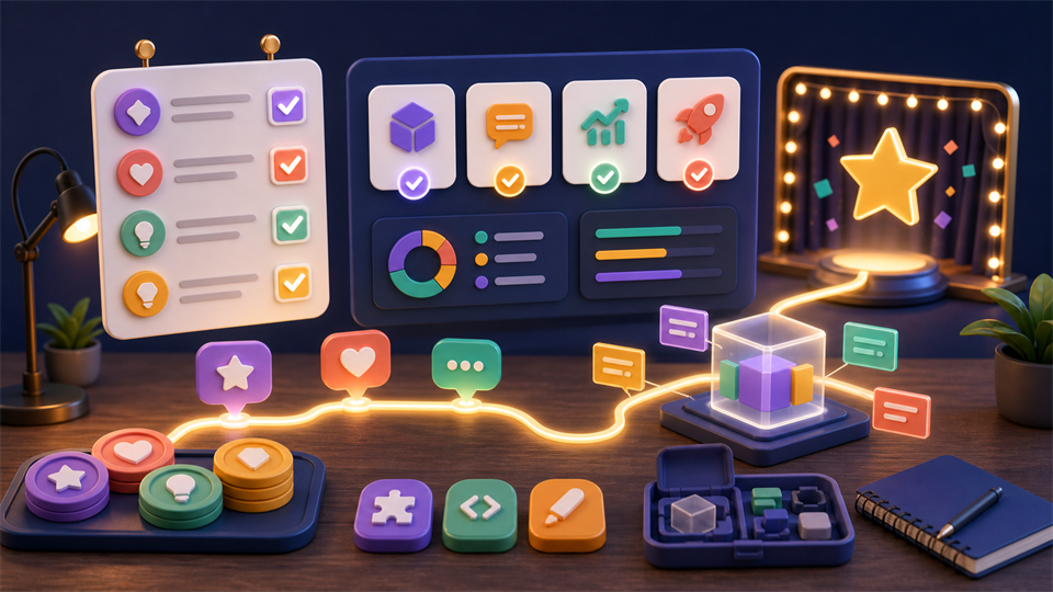 A glowing mentor dashboard guiding project milestones toward Demo Day